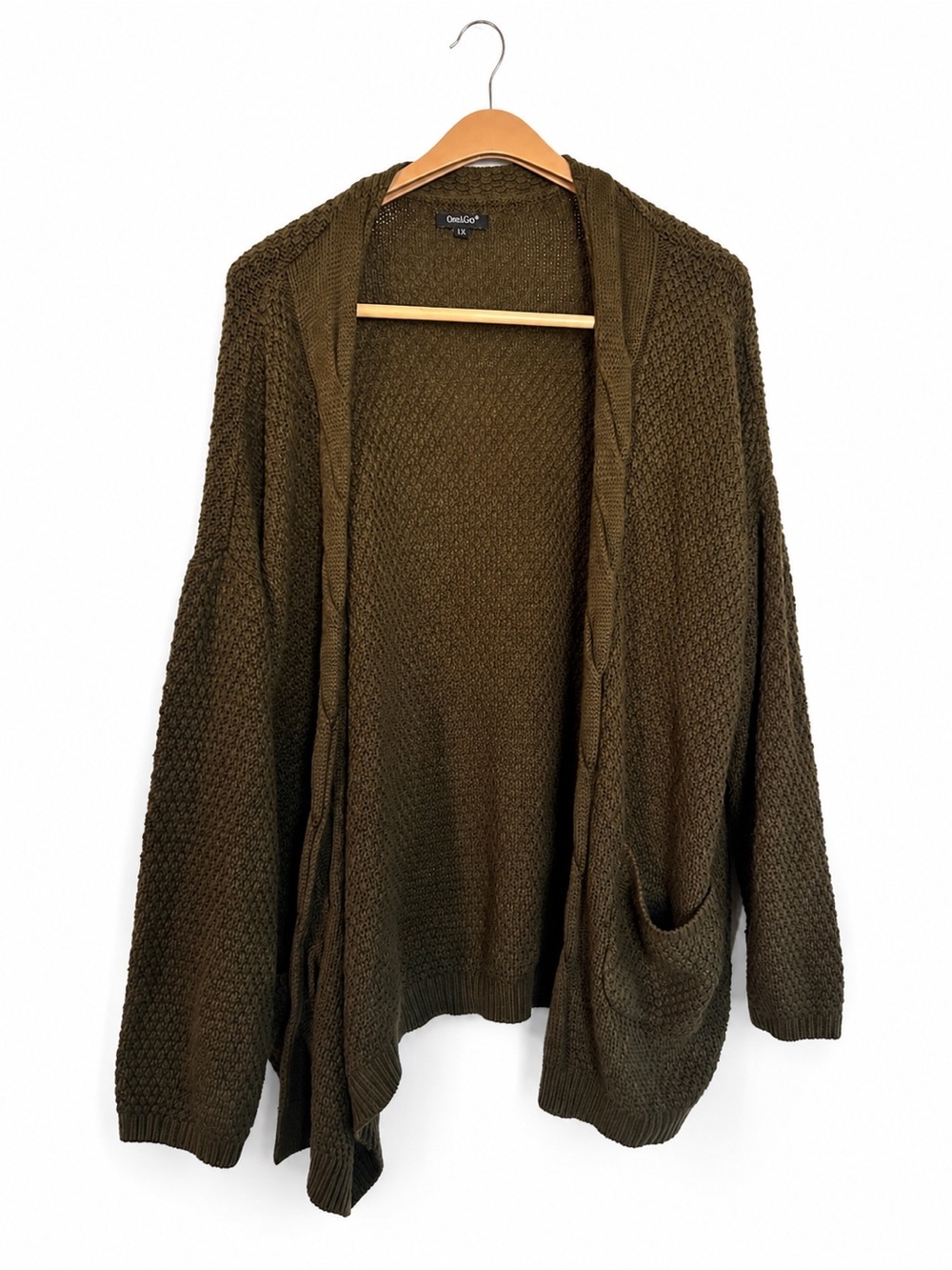 Olive Green Open-Front Knit Cardigan